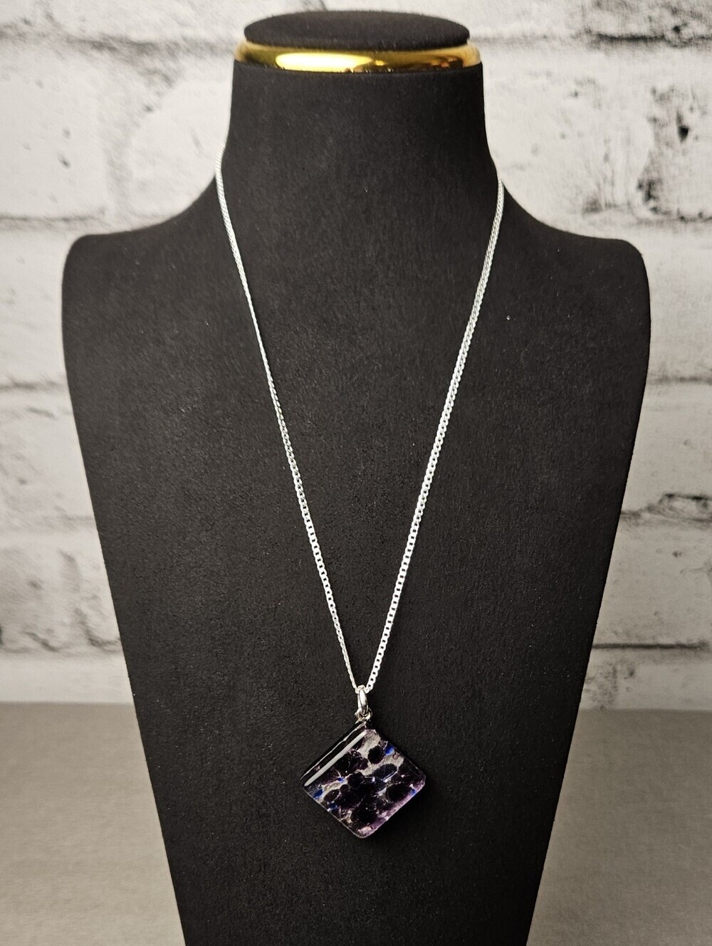 Murano Glass Purple Mosaic Pendant Necklace Silver Tone Chain
